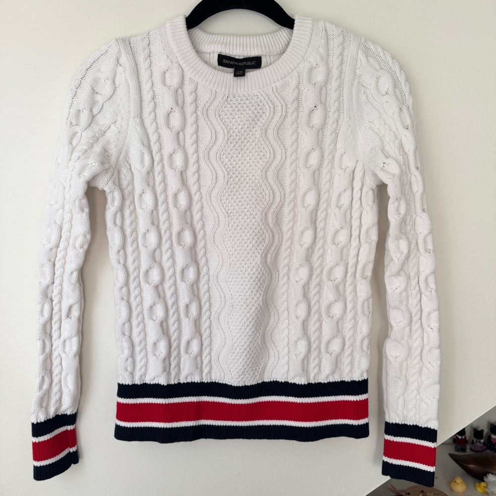 Banana Republic Chunky Cable Knit Sweater with Red, White, and Blue Striping